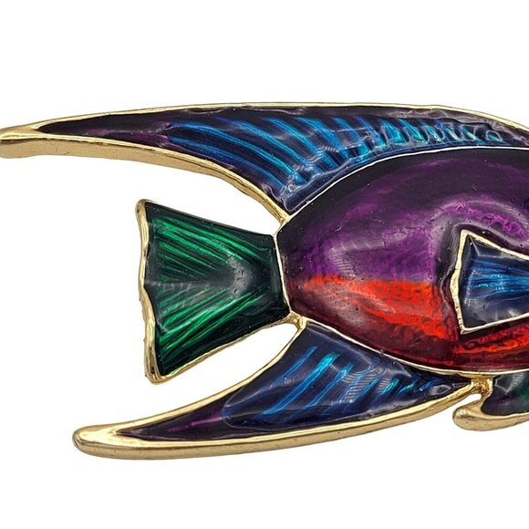 Enameled Tropical Fish Metal Brooch Pin Gold-Tone Finish Rhinestone Eye 2.75" - Picture 4 of 5